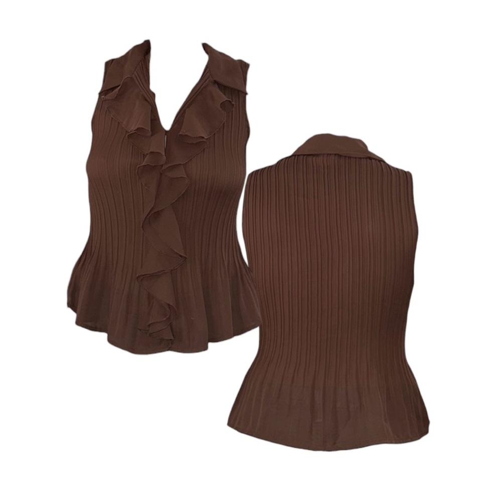 Sunny Leigh Brown Ruffle-Front Sleeveless Knit Blouse